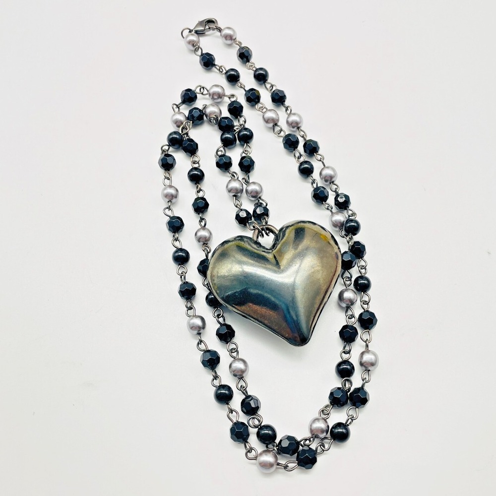 Heart Pendant Necklace Black Beaded Chain Silver Tone Long Fashion Jewelry